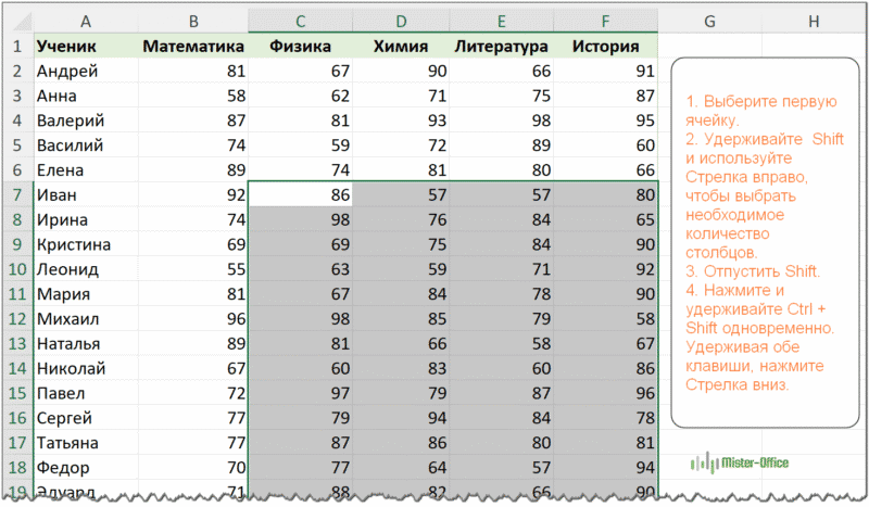 как выделить все строки вниз до конца данных Excel