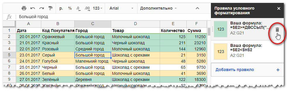 Как удалить условное форматирование в Google таблице