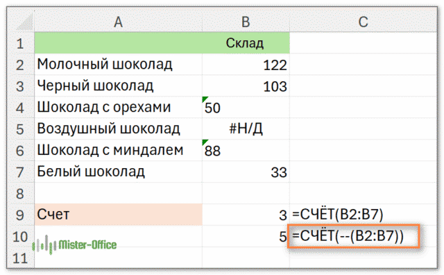 как посчитать ячейки с числами, записанными в текстовом формате