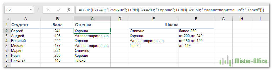 вложенная функция ЕСЛИ. пример с несколькими условиями