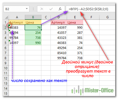 двойное отрицание для преобразования текста в число в Excel, чтобы заработал ВПР