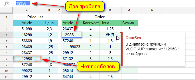 функция ВПР не работает Лишние пробелы и непечатаемые знаки