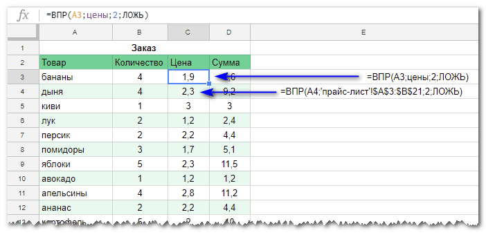 пример использования именного диапазона в функции ВПР Google таблицы