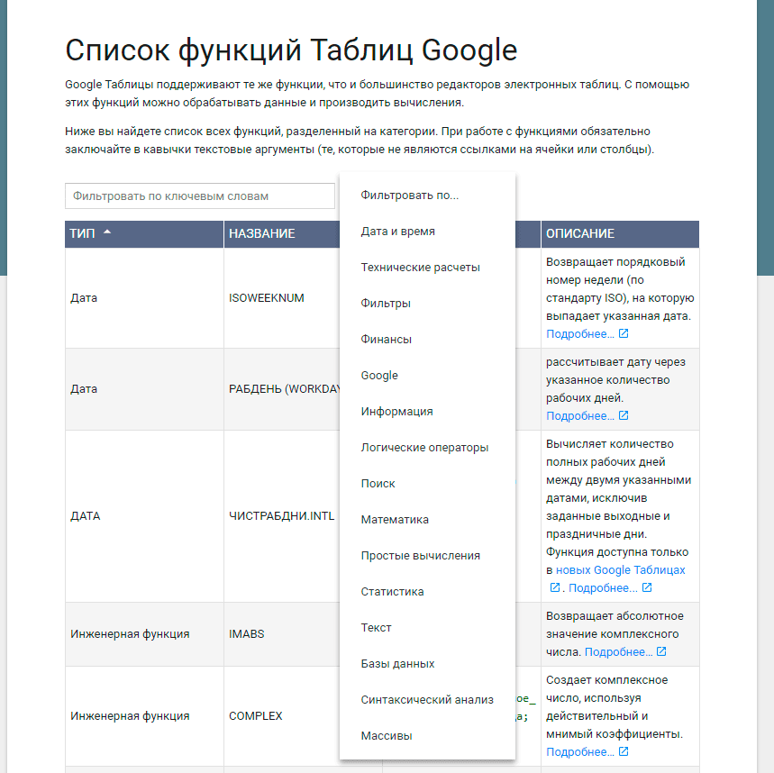 Функции в Google таблицах