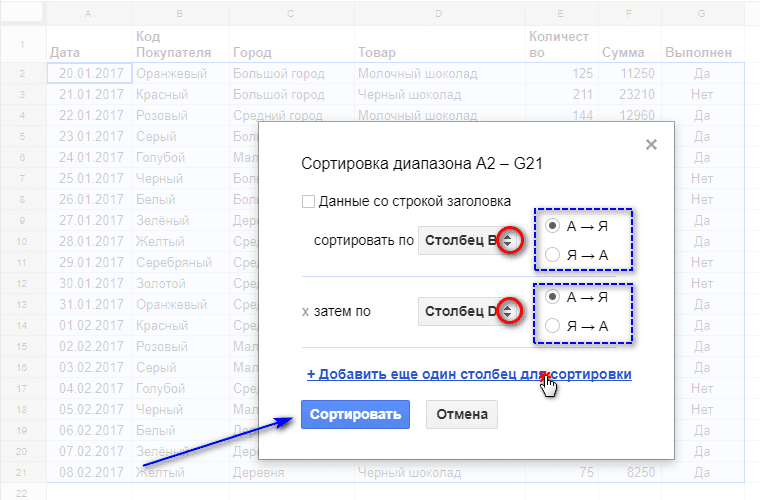  сортировка по нескольким столбцам в Google таблице