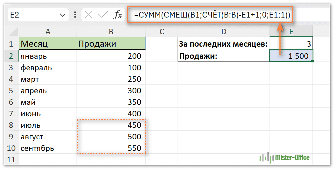 сумма последних N строк в диапазоне