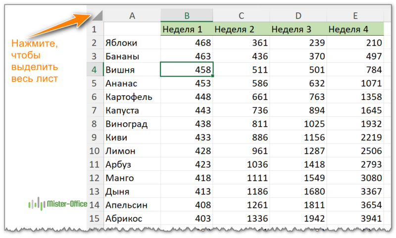 выделить весь рабочий лист