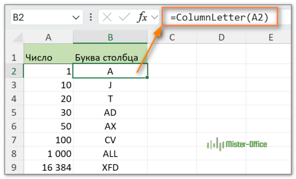 пользовательская функция для преобразования числа в букву столбца