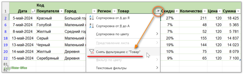 как убрать фильтр столбца