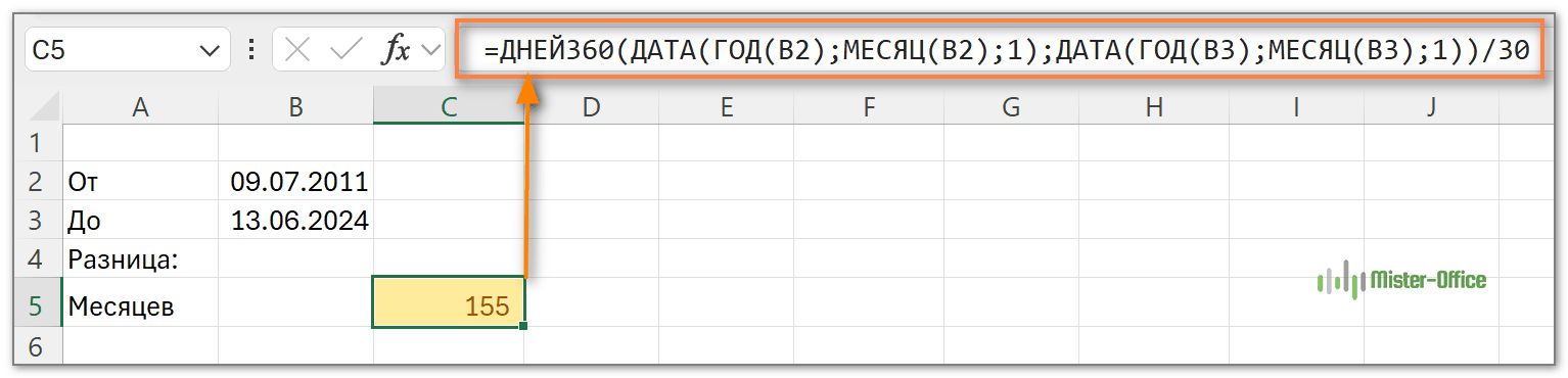 Функция ДНЕЙ360 подсчет месяцев